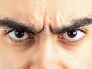 Obraz premium Dramatic high contrast close up portrait of an angry intense male face with furrowed brows clenched jaw and a fierce confrontational expression isolated on a clean white background with bold