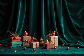 Festive holiday setup rich green velvet curtain gift boxes ornaments