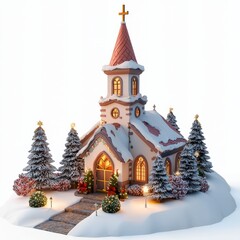 Fototapeta premium 3D Render of a Christmas Village Church, on isolated white background