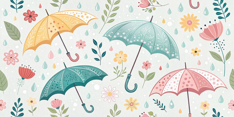 Umbrella and floral pattern with raindrops and spring vibes