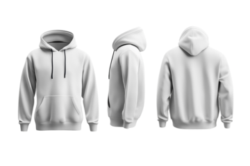 white hoodies are shown in a row, with the hoods up