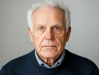 Serene contemplative portrait of an elderly gentleman with gentle wrinkles and a peaceful calm expression isolated on a clean white background