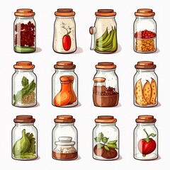 Collection of glass jars filled with dried herbs, spices, and vegetables. Hand-drawn illustration in a cartoon style on a white background. Food preservation and culinary ingredients concept. Design
