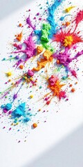 Fototapeta premium Vibrant colorful powders scattered on a pristine white surface, radiating an explosion of hues creating a mesmerizing rainbow effect, bright colors, vibrant colors, colorful confetti