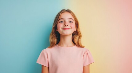 Obraz premium Radiant Young Woman Exuding Quiet Joy in Pastel Lighting Portrait of a female model with a soft joyful smile surrounded by pastel toned lighting on a plain background
