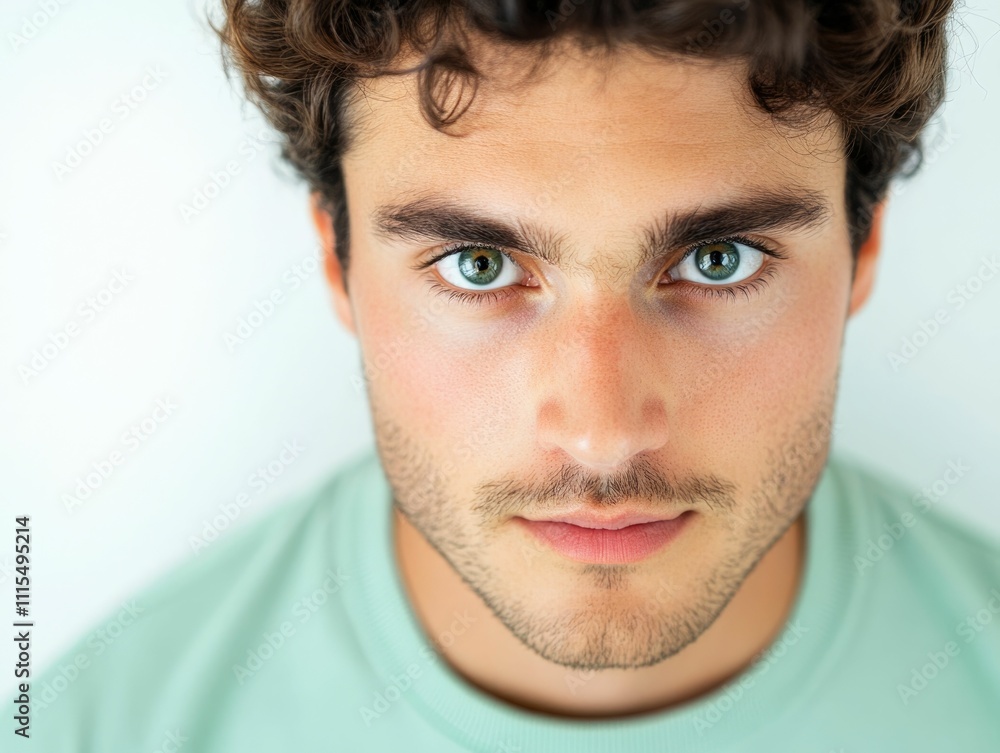 Poster closeup portrait of a young handsome man with a curious thoughtful gaze leaning slightly forward and