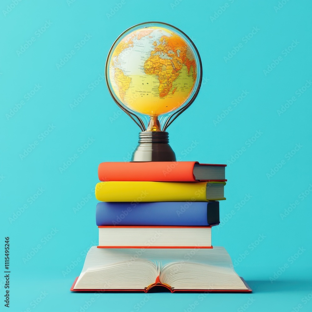 Poster globe resting on a stack of colorful books against a turquoise background