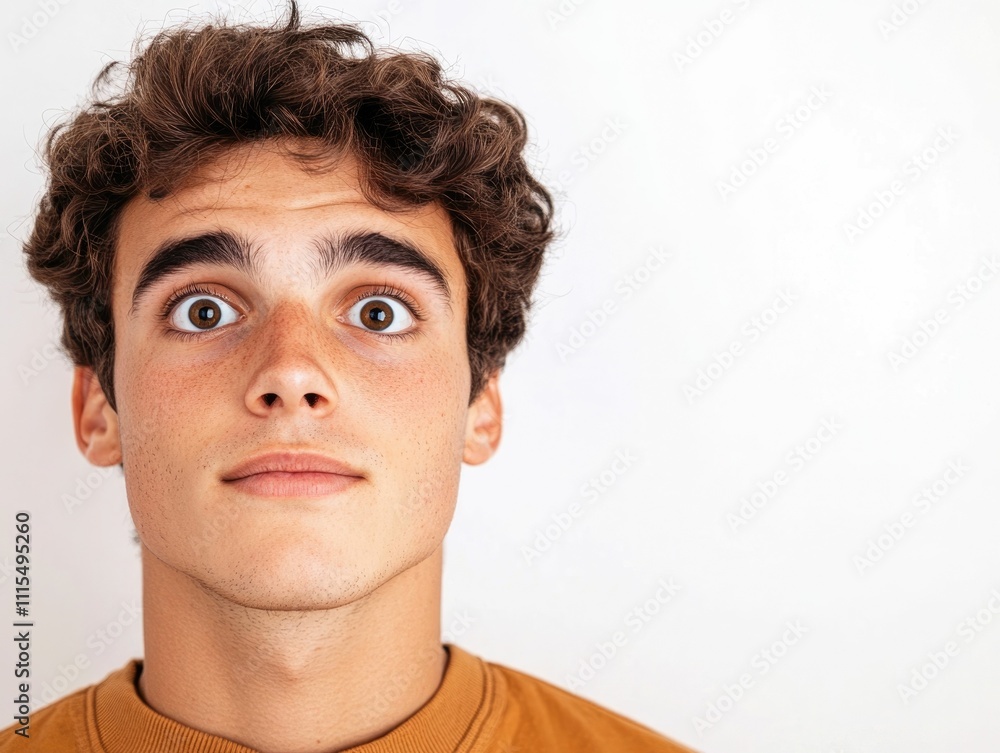 Poster portrait of a young man with a curious thoughtful expression leaning slightly forward capturing the 