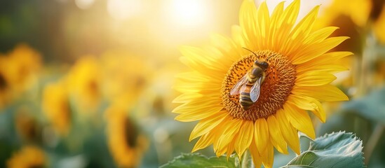 Fototapeta premium A bee collecting pollen on a sunflower in a field with the sun shining in the background.