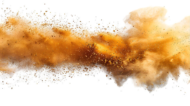 Brown, Yellow, Golden colours powder exploding isolated on a transparent background