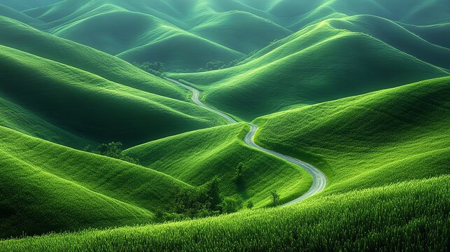 A scenic view of lush green hills with a winding road through the peaceful countryside.