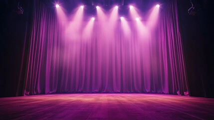 Empty stage with pink curtains illuminated by spotlights creating to a dramatic sense