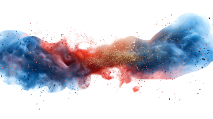 DarkRed, Blue, Gold colours powder exploding isolated on a transparent background