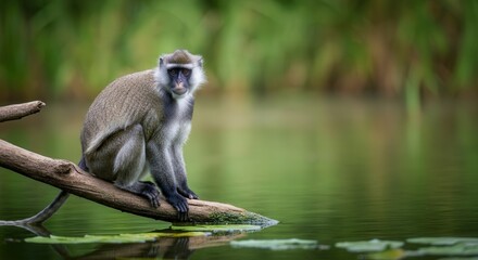 Tranquil scene with monkey resting by serene forest lake