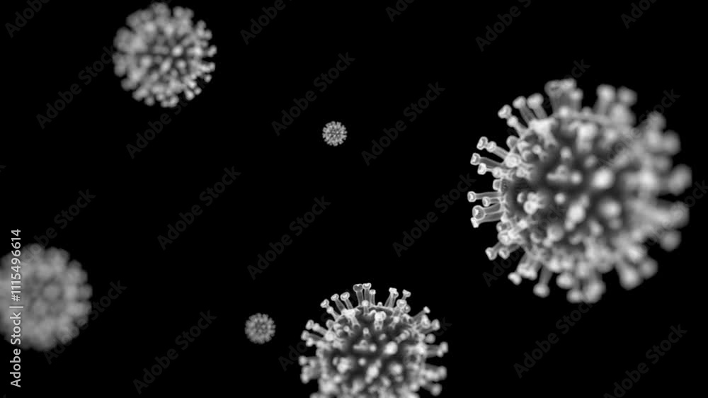 Poster microscopic view of multiple floating viruses against black background in monochrome