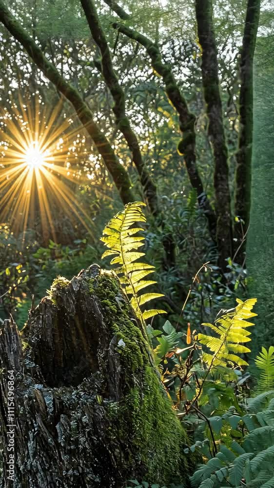Poster sunlight filters through trees, illuminating ferns and an old stump in a tranquil forest setting dur