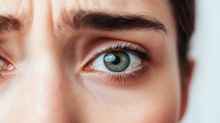Obraz premium Close up portrait of tear filled eyes conveying intense emotion vulnerability and personal introspection isolated on a plain white background for a poignant and impactful visual expression
