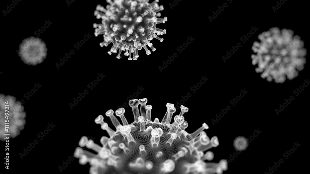 Poster microscopic view of virus particles showing intricate viral structures on a black background