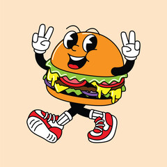 Burger retro mascot with hand and foot. Retro vintage mascot cartoon stickers with funny comic characters and gloved hands.