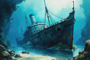 Fototapeta premium Old shipwreck covered by seaweed and algae resting on the bottom of the ocean