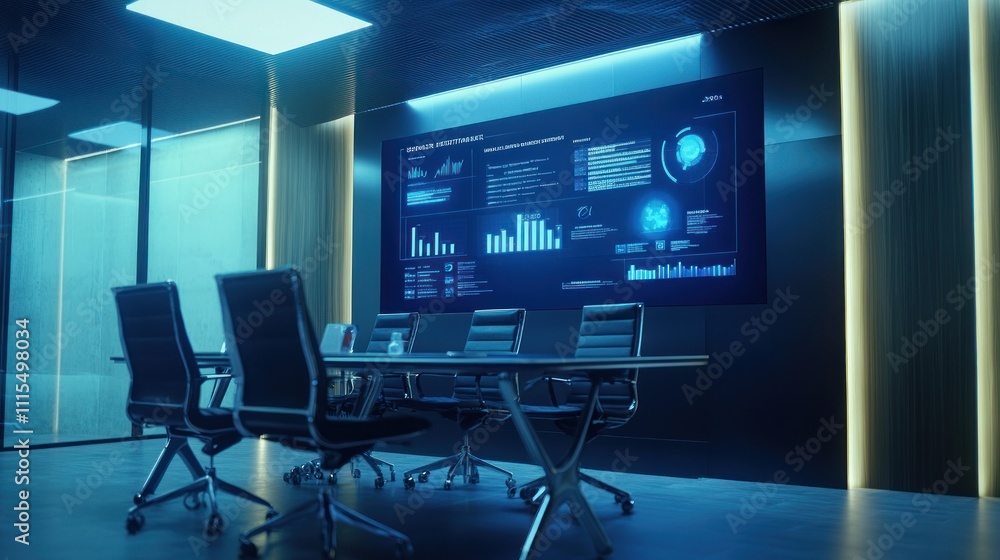 Poster modern conference room with large screen displaying data analytics.