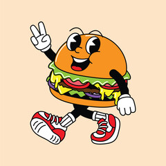 Burger retro mascot with hand and foot. Retro vintage mascot cartoon stickers with funny comic characters and gloved hands.
