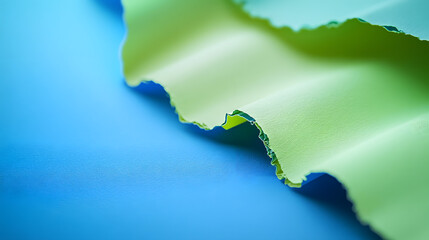 Colorful ripped paper edges on a vibrant blue background create an abstract artistic composition