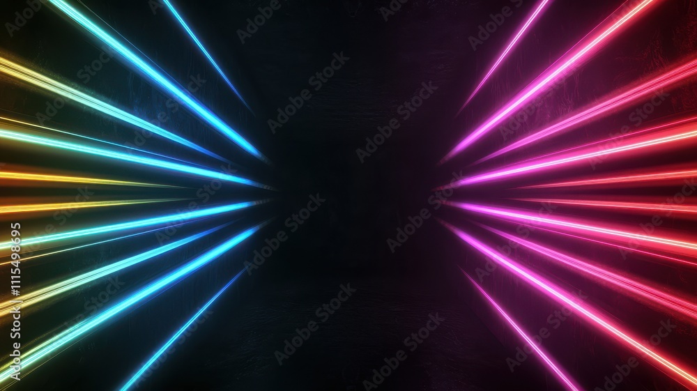 Poster a vibrant display of colorful light beams radiating from the center, creating a dynamic and energeti