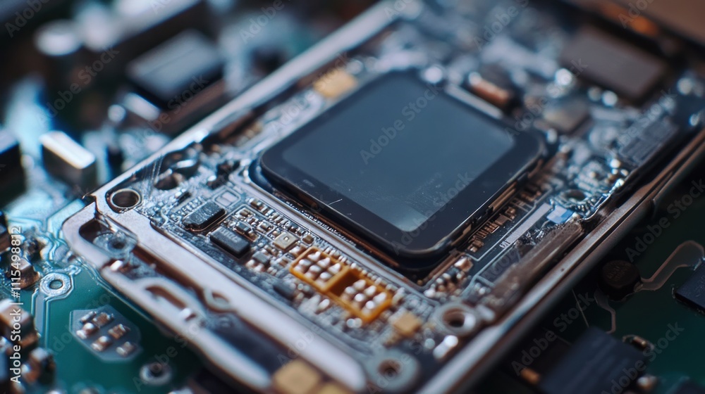 Poster close-up of a microchip on a circuit board, showcasing intricate electronic components.