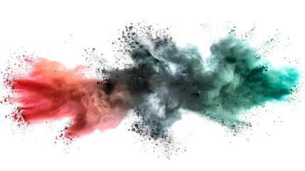 DarkRed, Grey, Green colours powder exploding isolated on a transparent background