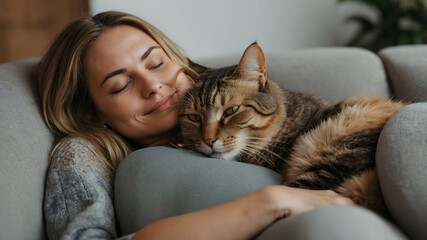 Cuddling Woman with Gray Tabby Kitten Sleeping in Her Arms