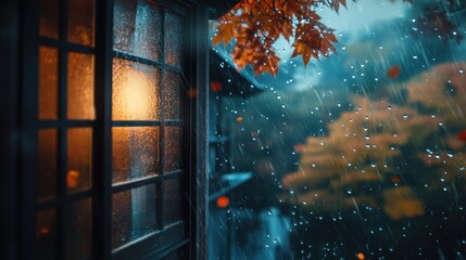 Obraz premium Rainy Autumn Evening Illuminated Window, Japanese House, Maple Leaves