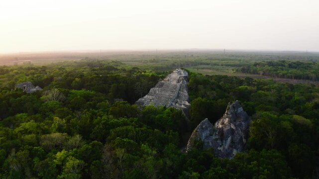 Aerial shot of Becan archeological site in Campeche, Mexico