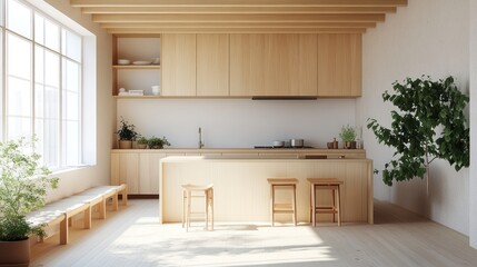 Fototapeta premium Minimalist kitchen design with natural wood cabinetry, island, and sunlight streaming through large window.