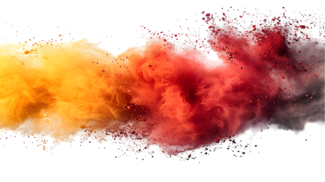 DarkRed, Grey, Yellow colours powder exploding isolated on a transparent background