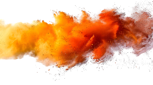 DarkRed, Orange, Golden colours powder exploding isolated on a transparent background