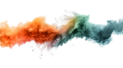 DarkRed, Orange, Green colours powder exploding isolated on a transparent background