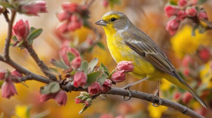 Yellow bird perched on flowering branch.