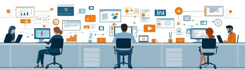 Team Collaboration in Modern Office with Technology and Data Visualization for Business Solutions