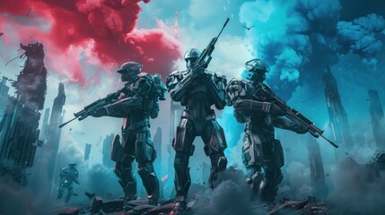 Fototapeta premium Futuristic Soldiers in a Post-Apocalyptic City