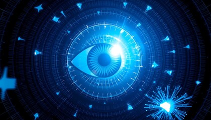 Fototapeta premium Futuristic eye in digital tech background. Cybersecurity, AI, surveillance concept.