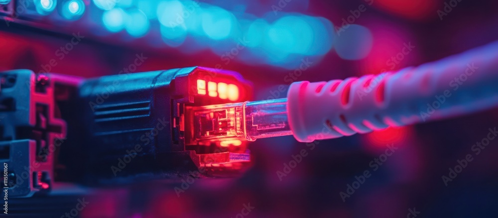 Aufkleber closeup of an ethernet cable plugged into a server in a data center with red and blue lighting.
