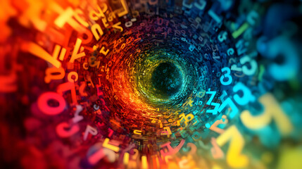 Colorful abstract vortex of numbers creating a dynamic spiral effect and visual depth