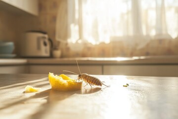 Exploring a Sunny Kitchen Scene with a Cockroach on a Lemon Peel in a Cluttered Cooking Area Full of Daylight Streaming Through the Window