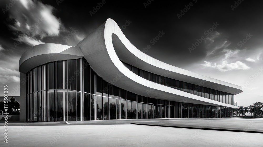 Poster a modern architectural structure featuring sleek lines and large glass windows.