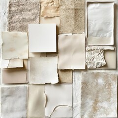 Fototapeta premium Abstract collage of paper and fabric textures, soft neutral tones, organic arrangements for artistic mood boards and creative inspiration
