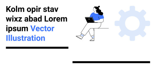 Woman sits with laptop, next to gear icon and placeholder text. Ideal for tech companies, productivity, remote work, organization, modern workspace, marketing materials, educational content. Landing