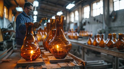 A modern factory for the production of glass vases. 
A man in a glassblowing workshop inspects a freshly blown glass vase and checks whether the result is correct