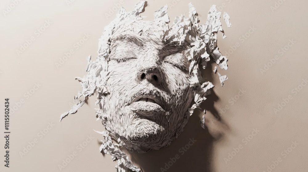 Poster Shredded paper face artistic expression in a minimalist digital studio setting - close-up conceptual art