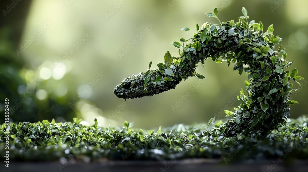 Poster creative composition of tea leaves shaped into a serpent nature artistic creation lush environment c